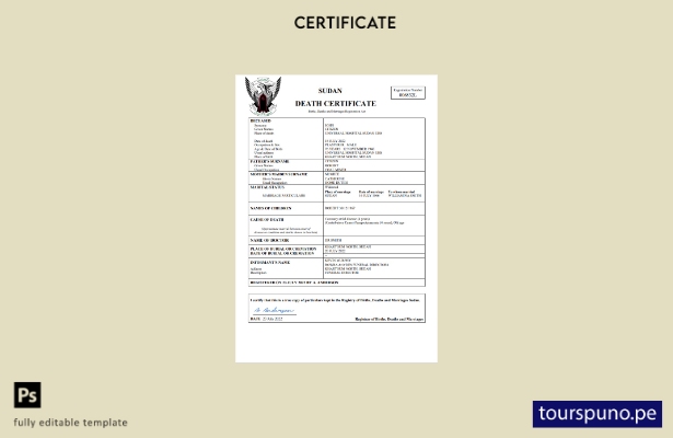 listo para imprimir certificado de defunción del registro civil de Sudán Plantil